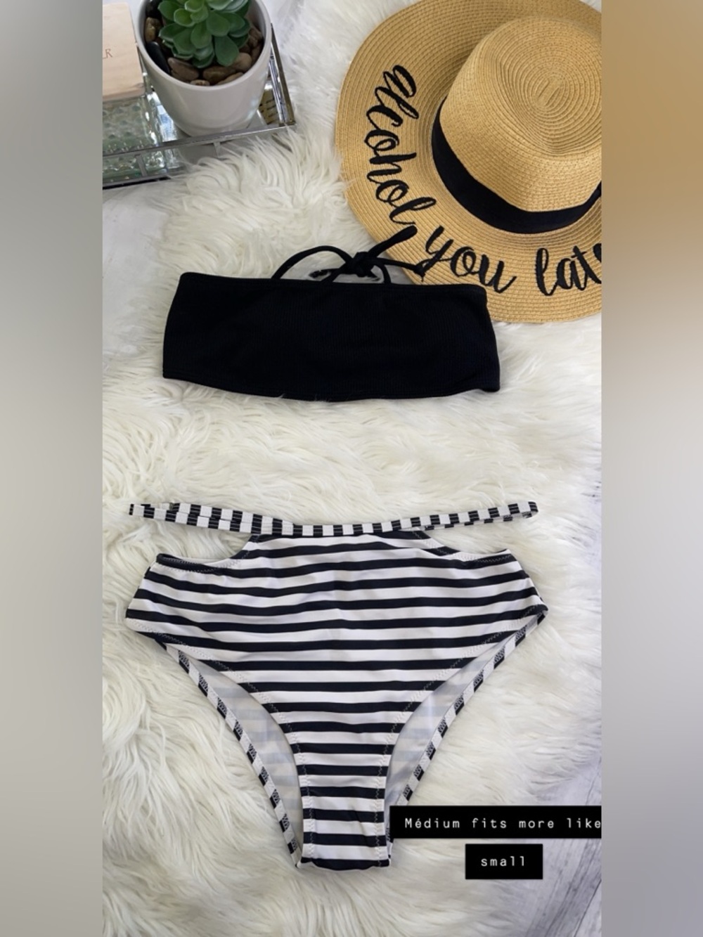 Black Bandeau & Black-White Striped Bikini Bottoms